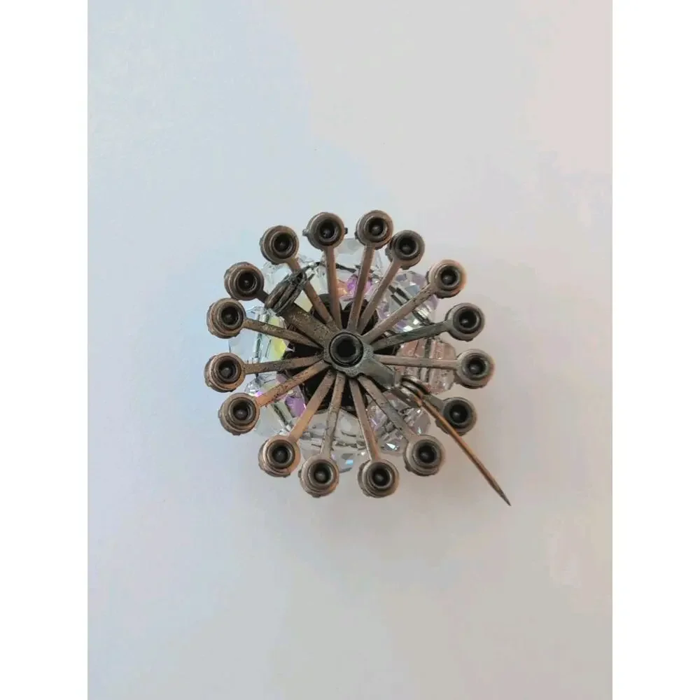 Vintage Blue Aurora Borealis Rhinestone Crystal Bead Flower Brooch Silver Tone